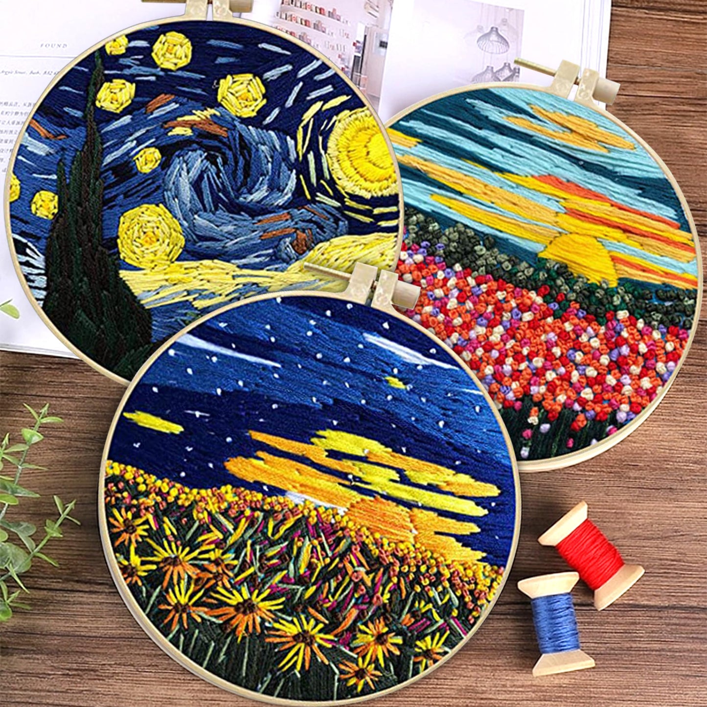 3 Sets Embroidery kit for Beginners Adults,Embroidery Kit Punch Needle Kit Cross Stitch Kits with Embroidery Hoop and Instructions,Hand Embroidery Starter Kit (Garden Scenery)