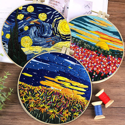 3 Sets Embroidery kit for Beginners Adults,Embroidery Kit Punch Needle Kit Cross Stitch Kits with Embroidery Hoop and Instructions,Hand Embroidery Starter Kit (Garden Scenery)