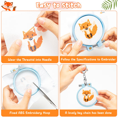 5Pcs Embroidery Kit for Kids Stamped Cross Stitch DIY Key Chain with Woodland Animal Patterns Needlepoint Starter Kits Craft Supplies for Beginners Adults Schoolbag