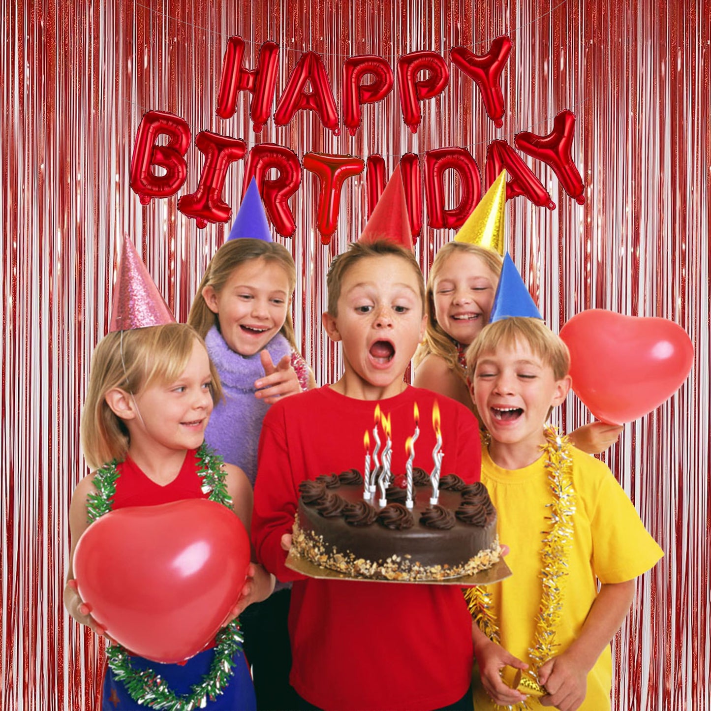 2 Pack Red Tinsel Foil Fringe Curtains Backdrop, Sparkle Tinsel Backdrop Curtains for Memorial Day Decorations Graduation Class of 2025 Birthday Party Decorations