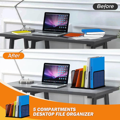 Desk File Organizer 5 Sections Upright Mesh Desktop Organizer File Sorter Office Organization File Holder for Home, Office & Classroom