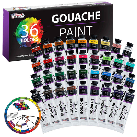 Professional 36 Color Set of Gouache Paint in Large 18ml Tubes - Rich Vivid Colors for Artists, Students, Beginners - Canvas Portrait Paintings - Color Mixing Wheel