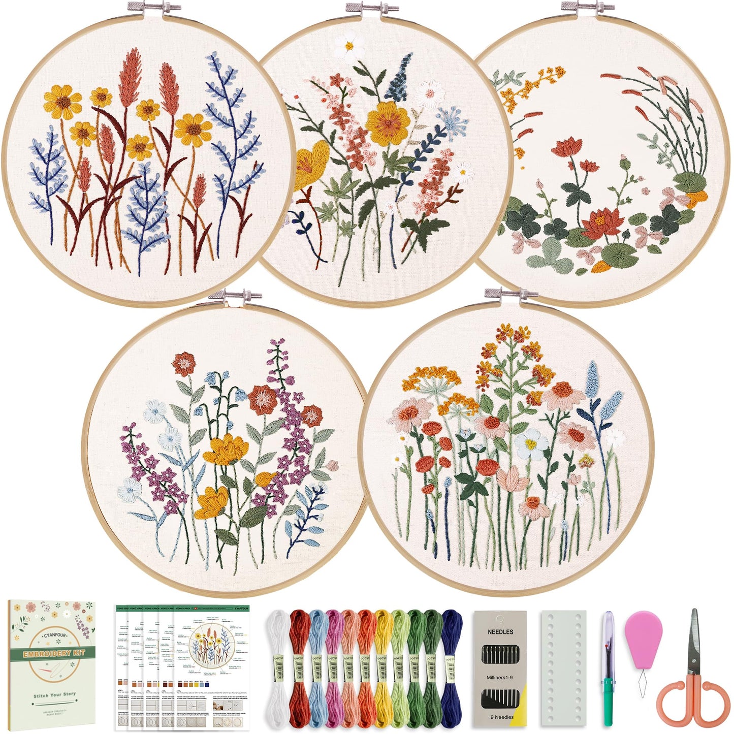 5 Pack Beginner Embroidery Kit for Adults, Easy to Learn Floral Embroidery Patterns from Video & Instruction, Needlepoint Kits for Adults Include Embroidery Hoop, Colorful Threads, Tools