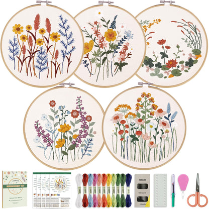 5 Pack Beginner Embroidery Kit for Adults, Easy to Learn Floral Embroidery Patterns from Video & Instruction, Needlepoint Kits for Adults Include Embroidery Hoop, Colorful Threads, Tools
