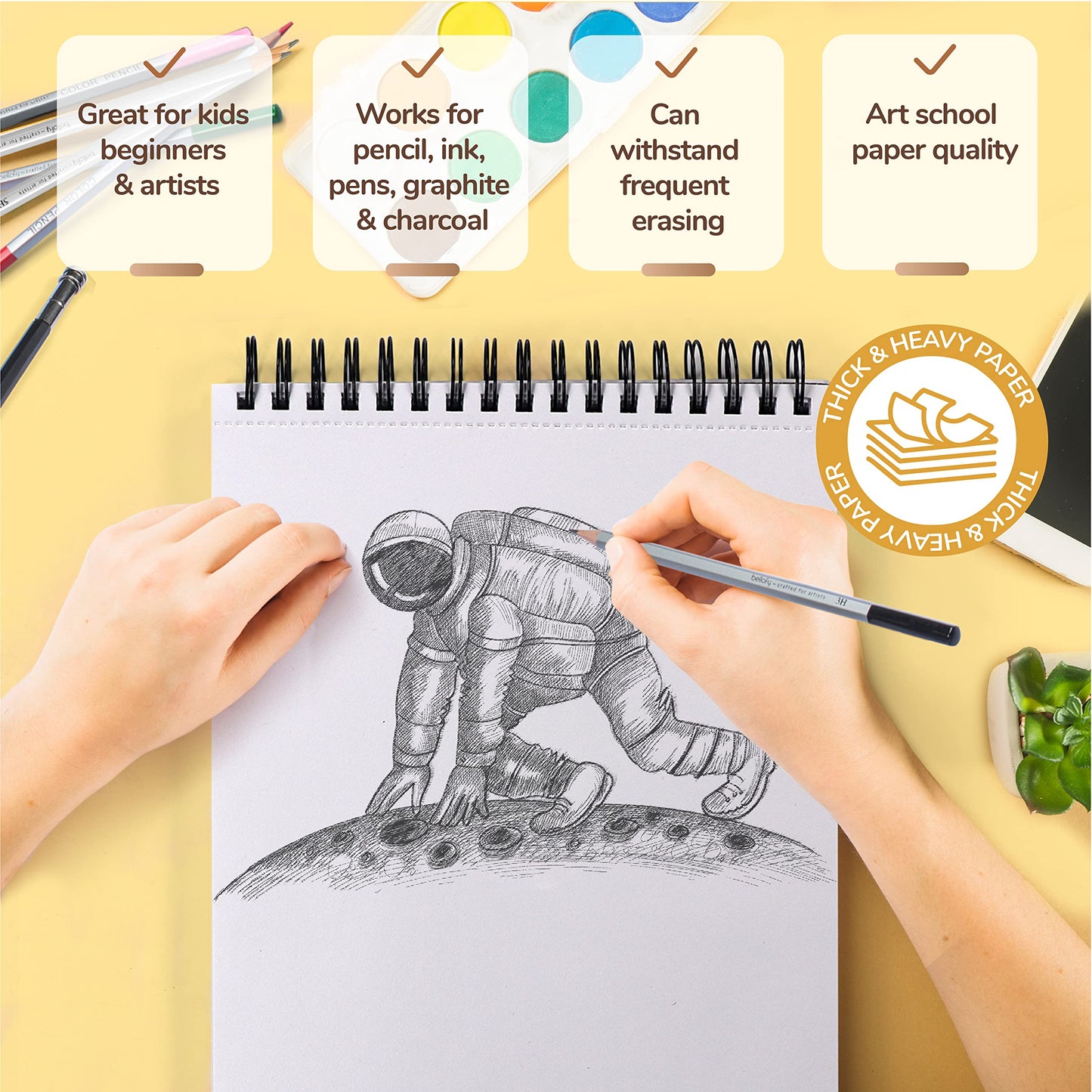 3 x Drawing Paper Pads 9” x 12” | 300 Sheets | 60lbs 85g | Acid Free Sketchbook Paper for Dry Media | Top Spiral Bound Sketchpad for Kids, Beginners, Artists & Professionals