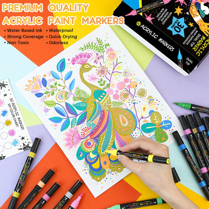 30 Colors Dual Tip Acrylic Paint Markers Pens- Premium Acrylic Paint Markers, Brush & Round Tips, Quick-Drying - for Rock, Canvas, Ceramic, Wood (30 Colors)