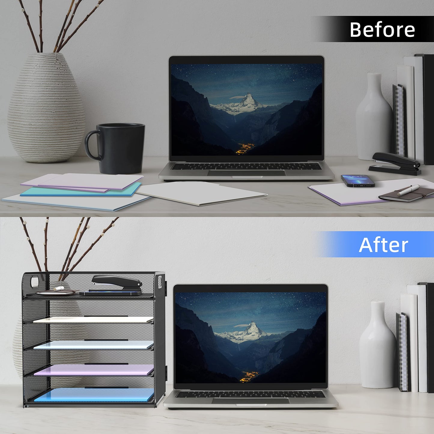 5 Trays Paper Organizer Letter Tray with Handle-Mesh Desk File Organizer, Paper Sorter Desk Organizer for Office, Home or School