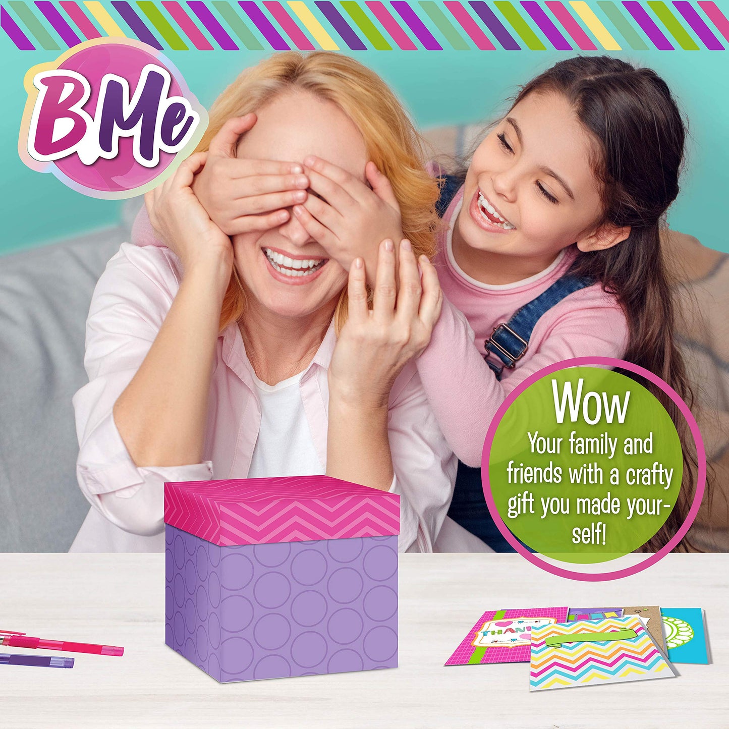 B Me Card Making Kit for Kids - Arts and Crafts Box - DIY Holiday, Birthday Cards Stationary Set – Jel Pens, Sticker Sheets, Gems, Envelope, Ribbon, Tape - Crafts Age 6+