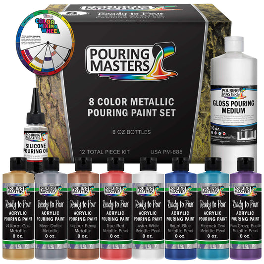 Pouring Masters 8-Color Ready-to-Pour Acrylic Pouring Paint Set, with Silicone Oil & Gloss Medium, 8oz Bottles, Pour Paint Supplies for Canvas & Crafts