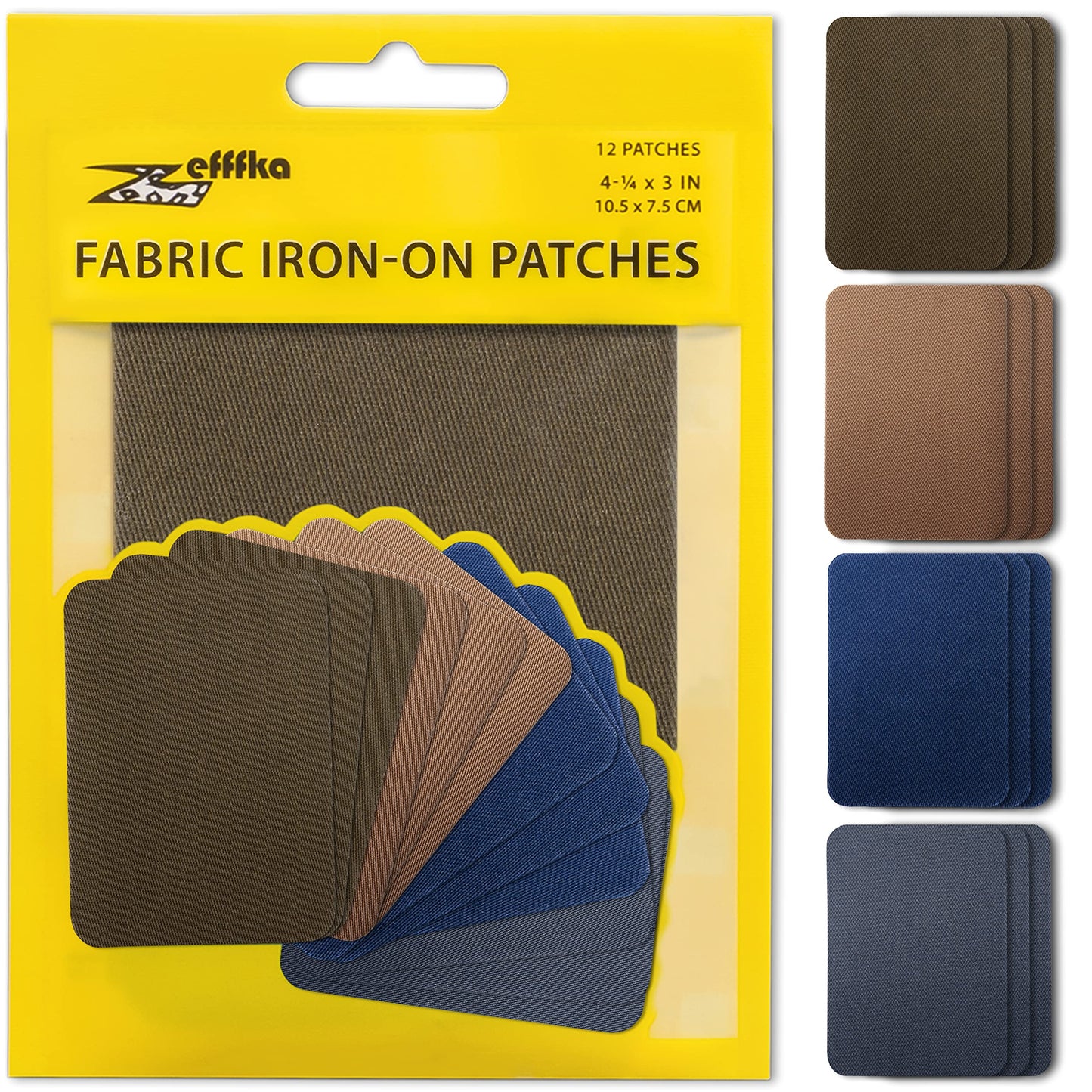 Premium Quality Fabric Iron-on Patches Inside & Outside Strongest Glue 100% Cotton Deep Blue Khaki Gray Brown Repair Decorating Kit 12 Pieces Size 3" by 4-1/4" (7.5 cm x 10.5 cm)