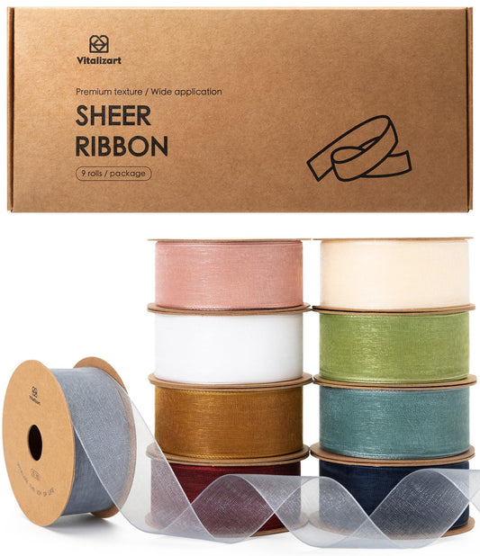 1" x 90Yd Organza Ribbon Mixed Color Sheer Ribbons Set 10 Yd x 9 Rolls Handmade for Gift Wrapping Christmas Tree Crafts Bows Wedding Invitations Wreaths Wrap