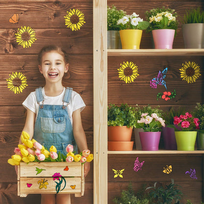 16 Pieces Stencil for Painting Sunflower Butterfly Floral Stencil Spring Summer Large Reusable Hummingbird Painting Templates and Metal Open Ring for DIY Craft on Wood Wall Home Decor(5.1 x 5.1 Inch)