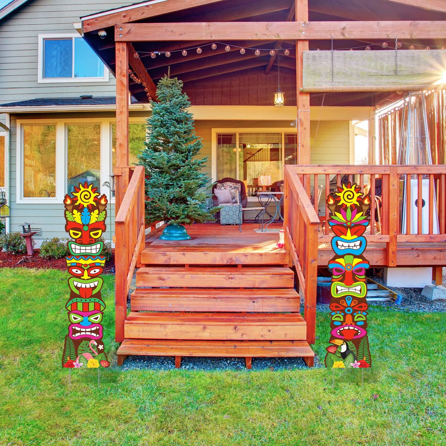 2 Pcs Tiki Yard Sign Luau Hawaiian Tropical Party Decoration Outdoor Tiki Bar Sign with Stakes for Summer