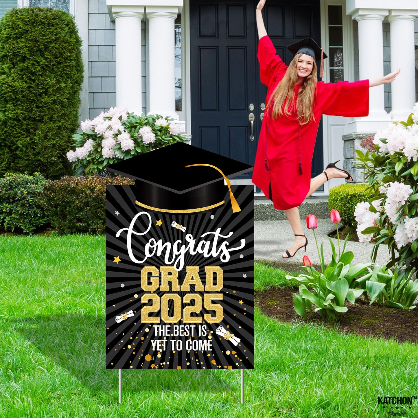 Congrats Grad Yard Sign - 16x10 Inches | Black and Gold Class of 2025 Congrats Yard Sign | Graduation Party Decoration | Congrats Grad Lawn Signs for Graduation Decorations 2025