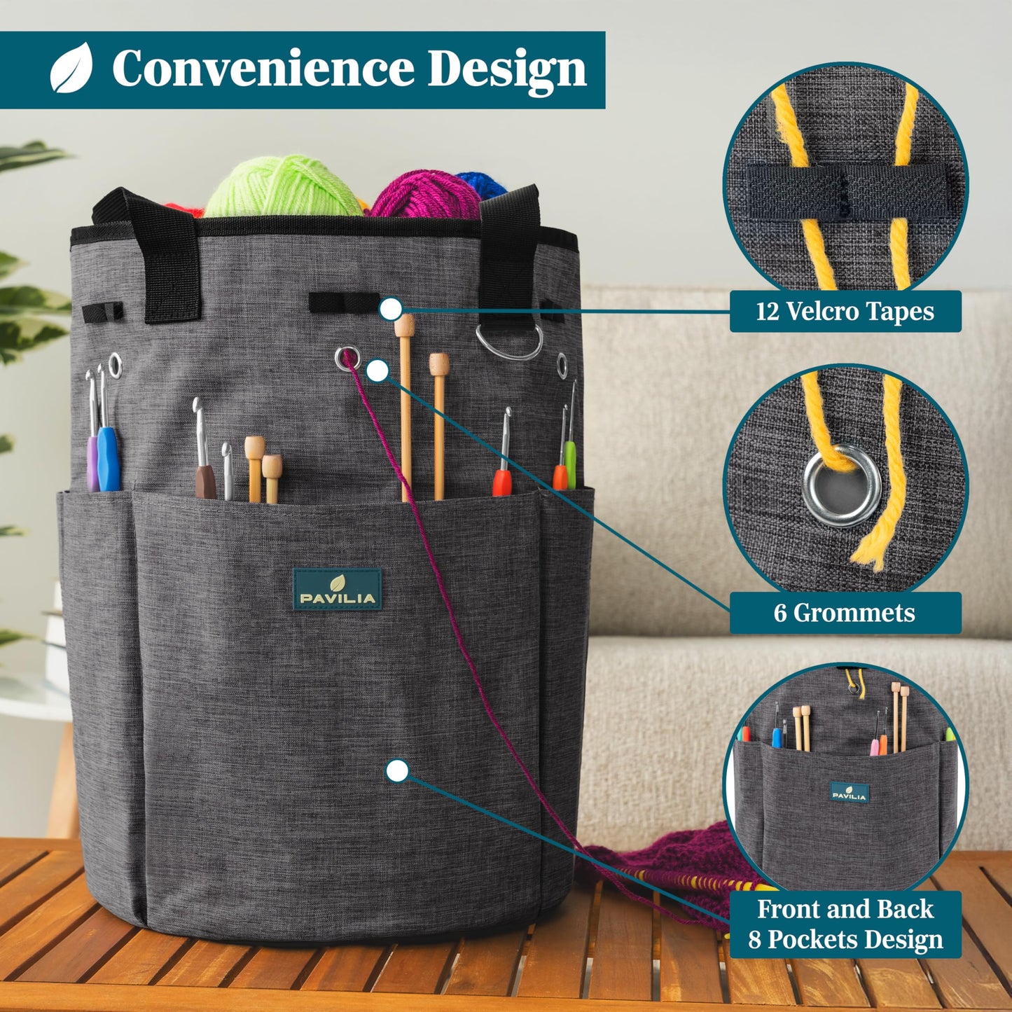 Crochet Bag Knitting Bag Organizer, Yarn Bag Storage Tote for Crocheting On The Go, Knitting Accessories Supplies Holder with Grommets, Gift for Crochet Lovers Knitters (Charcoal Gray)