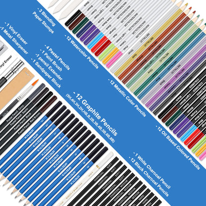 76pc Art Supply Set - Sketching & Drawing Kit with Tutorial Book, Sketchbook & Paper - Pencils, Pastels, Watercolors for Beginner Artists