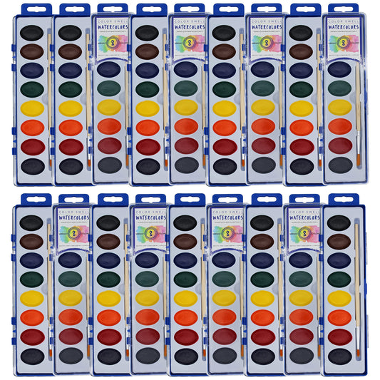 Washable Bulk Watercolors, 18 pack, 8 Colors, Wood Brush, Classroom Bulk Pack - Bulk Watercolors