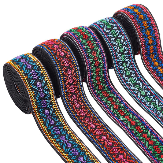 5 Yards Elastic Woven Jacquard Ribbon - 5 Colors Boho Elastic Band 1" Ethnic Ribbon for DIY Craft Accessories Embellishment Decorations