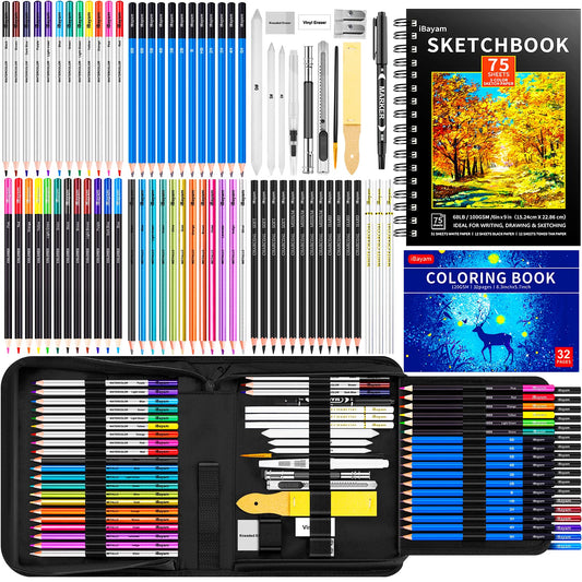 78-Pack Drawing Set Sketching Kit, Pro Art Supplies with 75 Sheets 3-Color Sketch Book, 32 Coloring Book, Charcoal, Metallic, Watercolor, Graphite Pencils for Adults Kids Teens Girls Boys Gifts