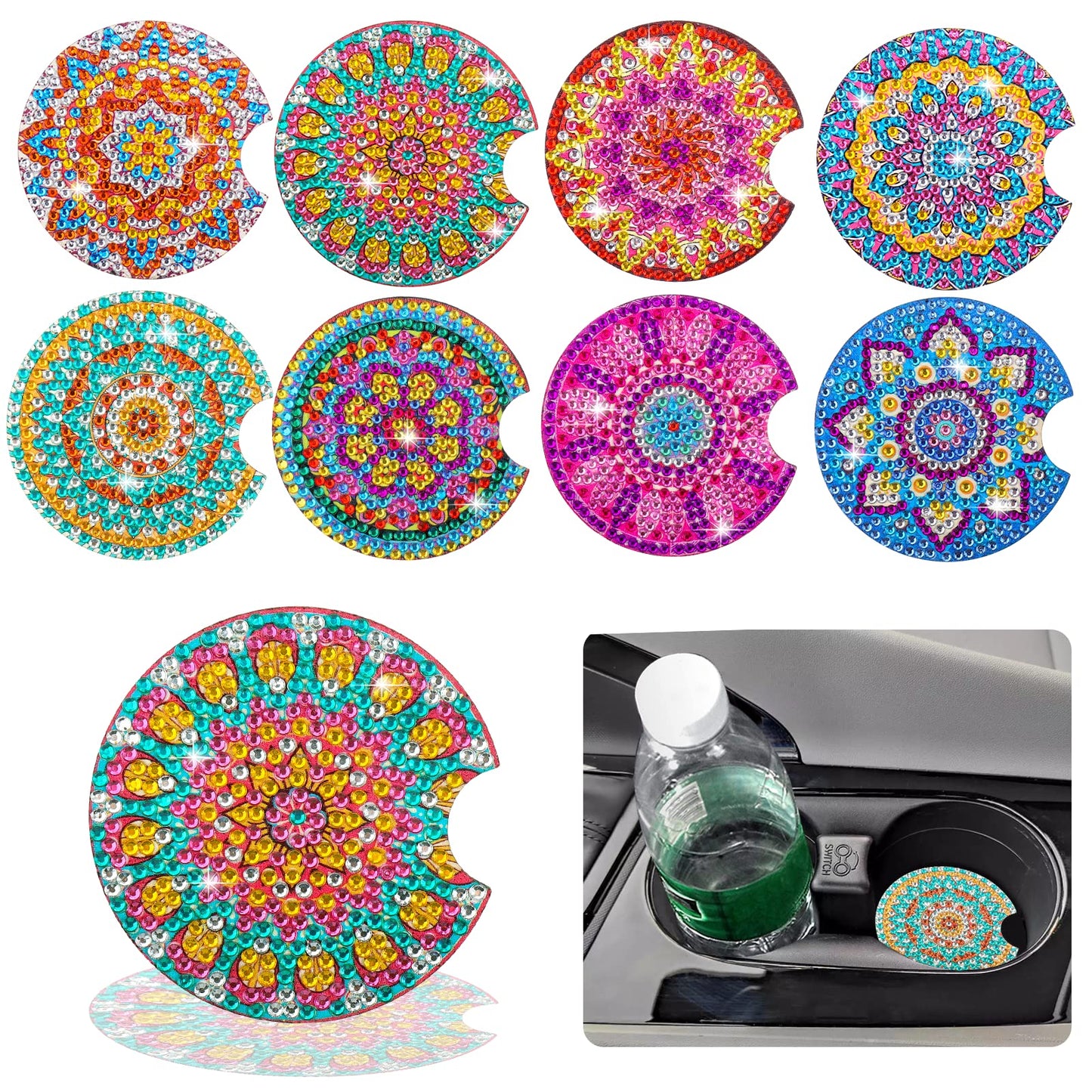 8 Pcs Diamond Art for Car Coasters, 2.8 Inches Diamond DIY Coasters, Mandala Crafts for Adults