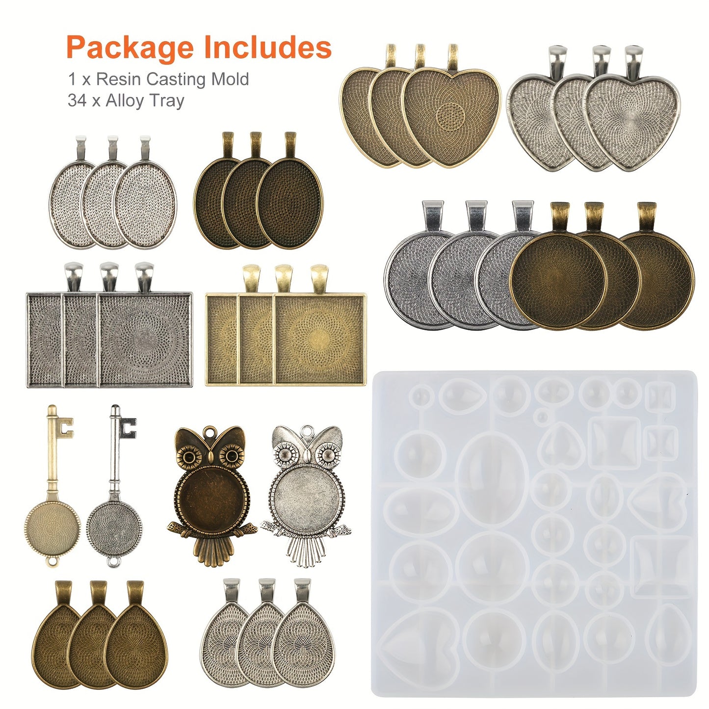 35 pcs Pendant Tray Silicone Mold Set, Jewelry Making Kit with 7 Styles Pendant Trays