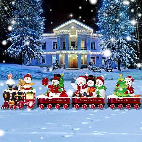 15.7" Christmas Train & Snowman Yard Sign Set - Easy Outdoor Lawn Decor