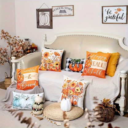 Set of 4 Fall Throw Pillow Covers - Rustic Farmhouse Pumpkin, Sunflower & Mason Jar Designs for Thanksgiving Home Decor - 18x18 Inch