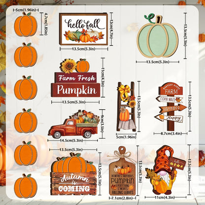 16-Piece Wooden Fall Tiered Tray Decor Set - Pumpkin & Sign Thanksgiving Decor for Farmhouse Tabletop, Halloween & Christmas Displays
