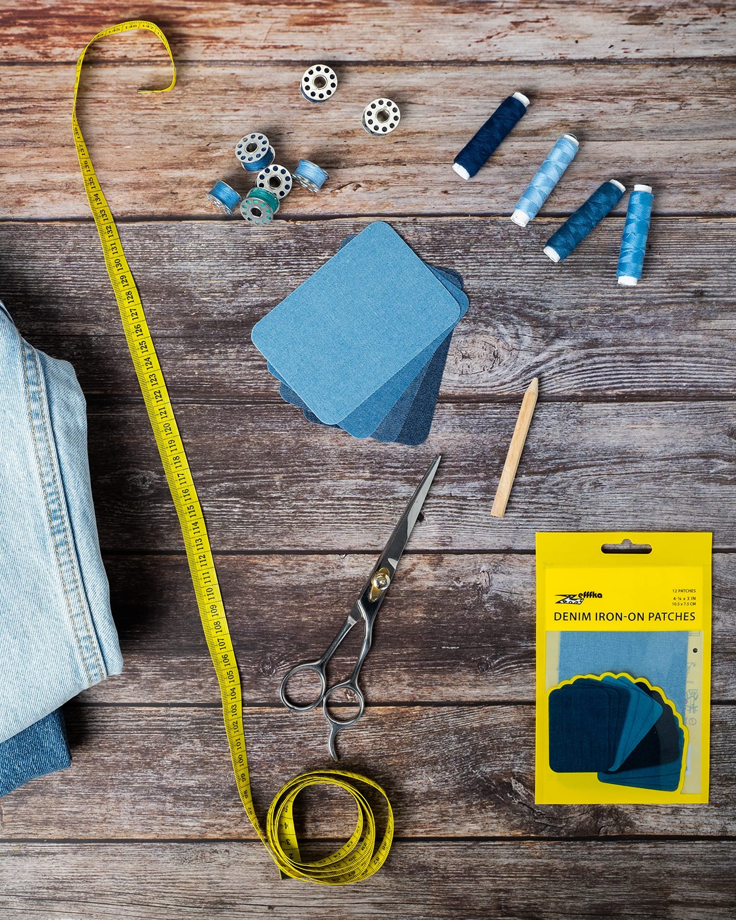 Denim Iron-on Patches Inside & Outside Strongest Glue 100% Cotton Black and White Repair Decorating Kit 12 Pieces Shades of Blue Size 3" by 4-1/4" (7.5 cm x 10.5 cm)