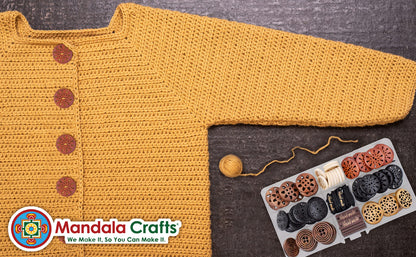 Large Wooden Buttons for Crafts - 100 Assorted Carved Natural Wood Sewing Buttons in Bulk for Clothing, Sweaters, Embellishments, and DIY Decorative Projects