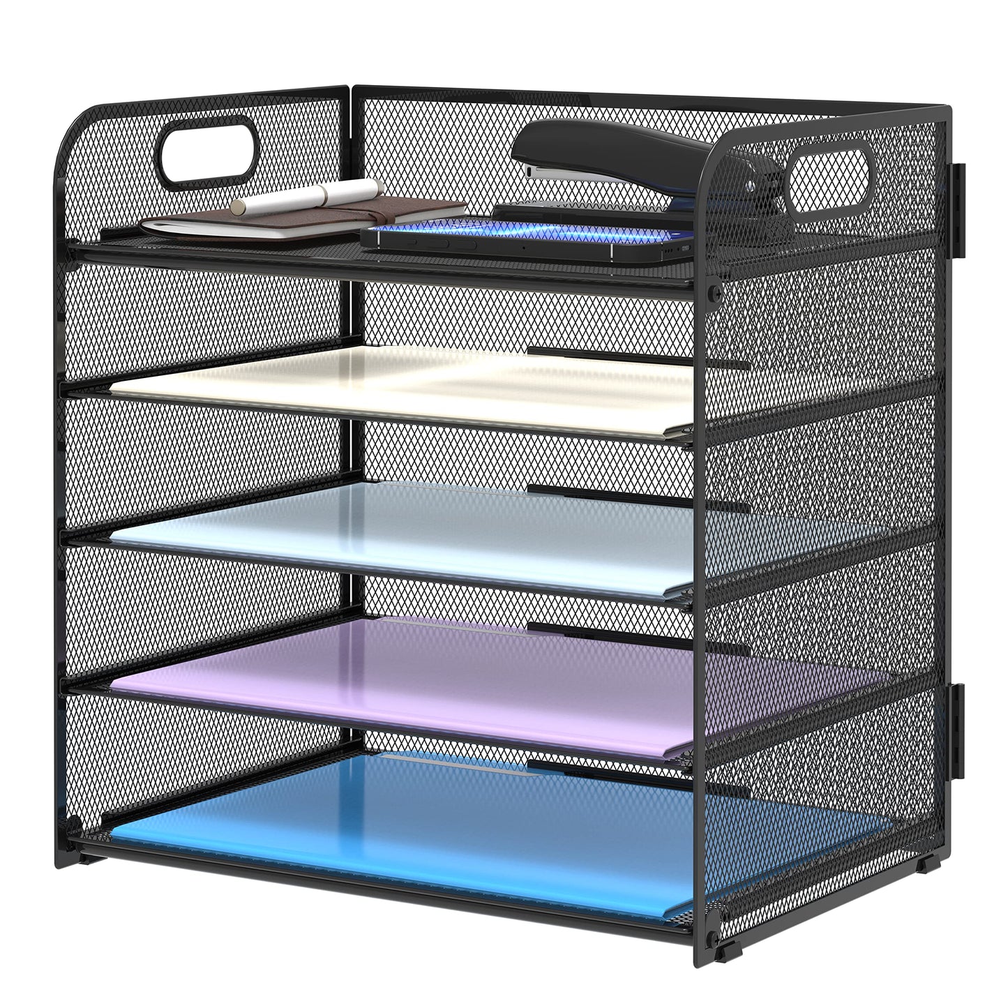 5 Trays Paper Organizer Letter Tray with Handle-Mesh Desk File Organizer, Paper Sorter Desk Organizer for Office, Home or School