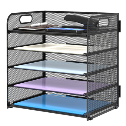 5 Trays Paper Organizer Letter Tray with Handle-Mesh Desk File Organizer, Paper Sorter Desk Organizer for Office, Home or School