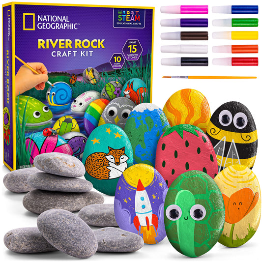 Rock Painting Kit - Arts and Crafts Kit for Kids, Paint & Decorate 15 River Rocks with 10 Paint Colors & More Art Supplies, Outdoor Toys for Girls and Boys (Amazon Exclusive)