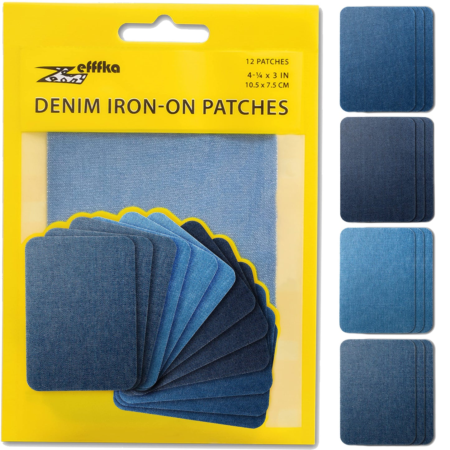 Denim Iron-on Patches Inside & Outside Strongest Glue 100% Cotton Black and White Repair Decorating Kit 12 Pieces Shades of Blue Size 3" by 4-1/4" (7.5 cm x 10.5 cm)