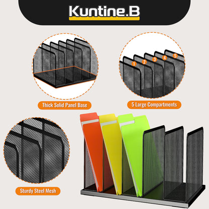 Desk File Organizer 5 Sections Upright Mesh Desktop Organizer File Sorter Office Organization File Holder for Home, Office & Classroom