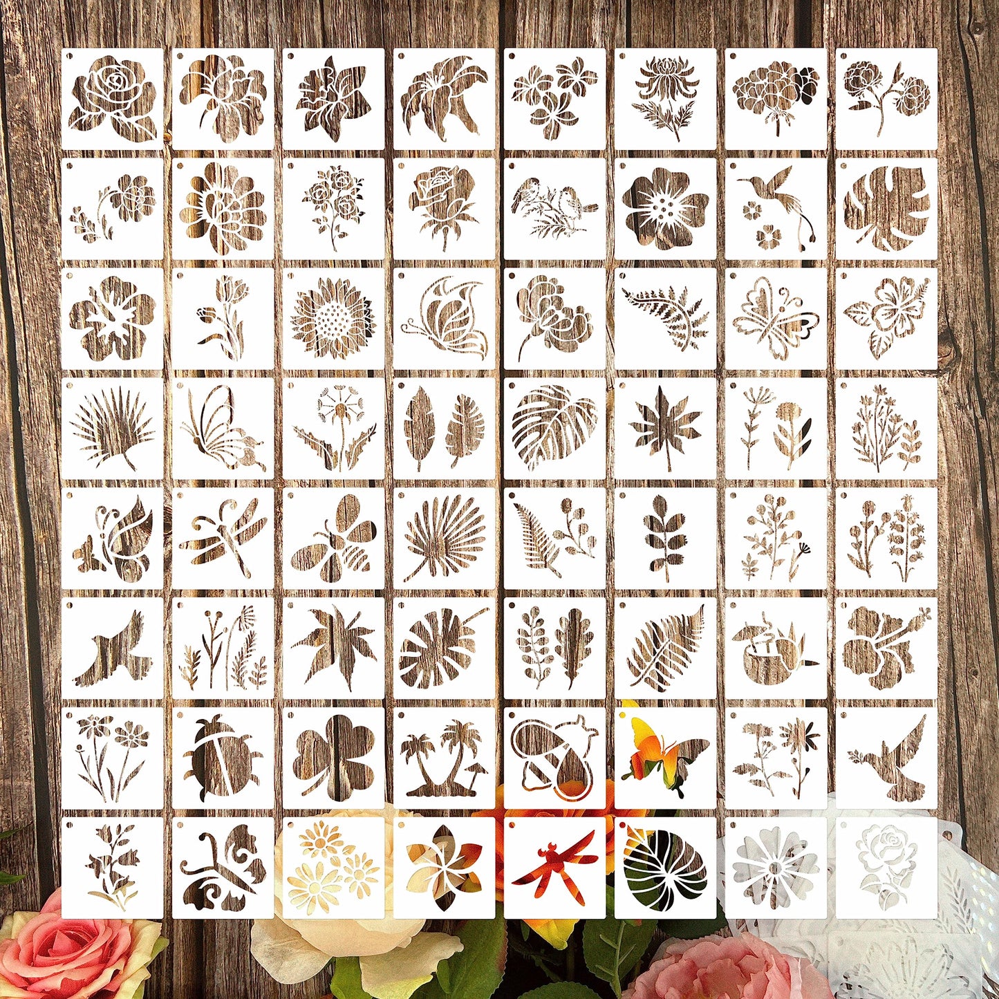 Flower Stencils for Painting, 64pcs 3 Inch Stencils for Crafts Rock Painting Stencils Plastic Reusable Stencils for Painting on Wood Wall Tile Home Decor