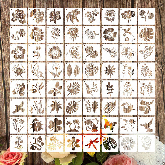 Flower Stencils for Painting, 64pcs 3 Inch Stencils for Crafts Rock Painting Stencils Plastic Reusable Stencils for Painting on Wood Wall Tile Home Decor