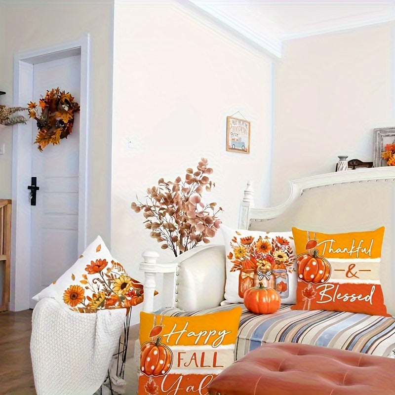 Set of 4 Fall Throw Pillow Covers - Rustic Farmhouse Pumpkin, Sunflower & Mason Jar Designs for Thanksgiving Home Decor - 18x18 Inch