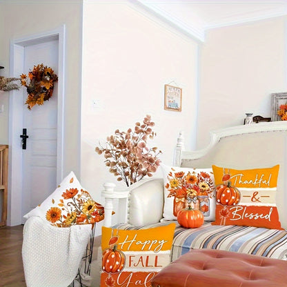 Set of 4 Fall Throw Pillow Covers - Rustic Farmhouse Pumpkin, Sunflower & Mason Jar Designs for Thanksgiving Home Decor - 18x18 Inch