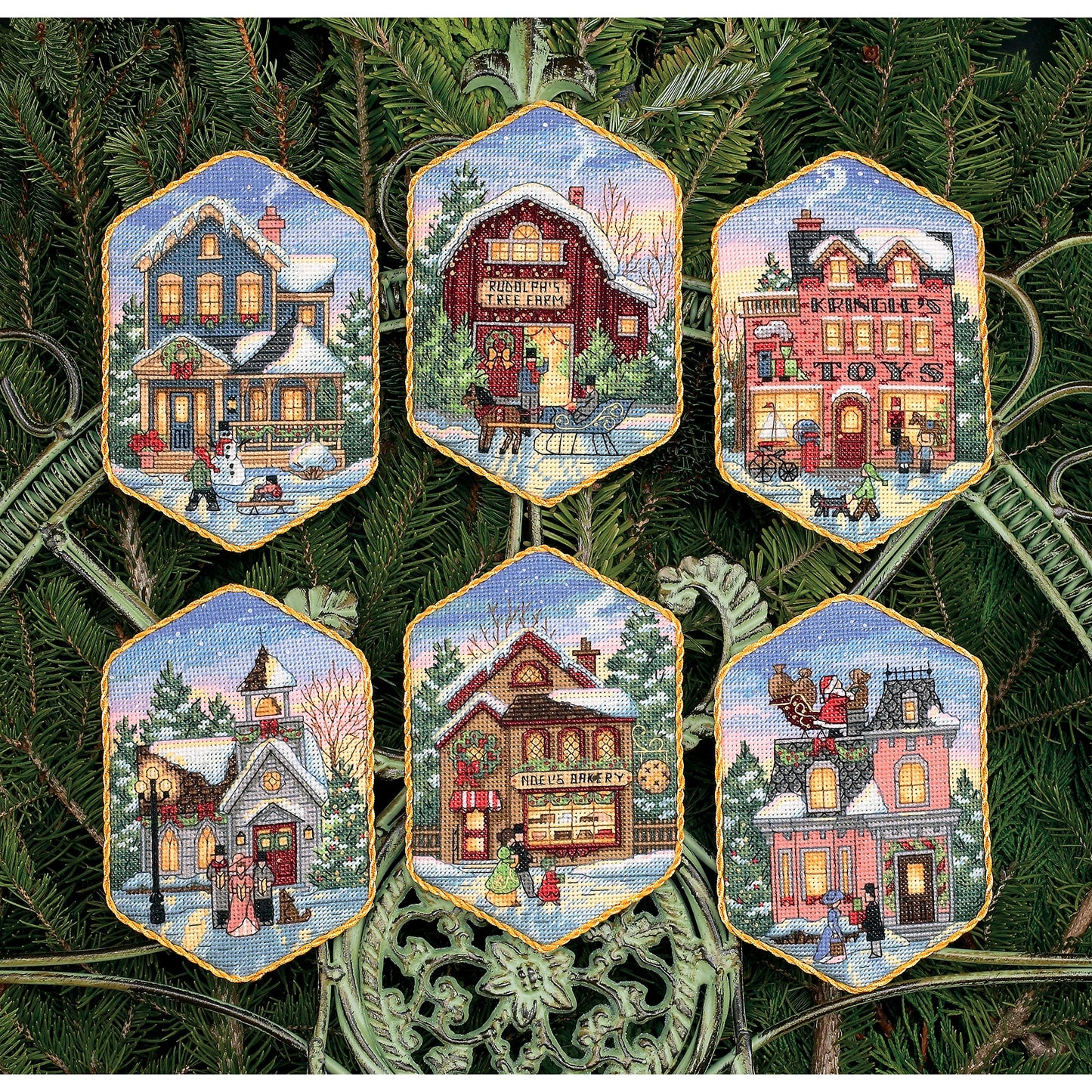 Gold Collection Christmas Village Counted Cross Stitch Ornament Kit, 6 pcs