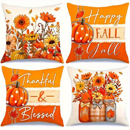 Set of 4 Fall Throw Pillow Covers - Rustic Farmhouse Pumpkin, Sunflower & Mason Jar Designs for Thanksgiving Home Decor - 18x18 Inch
