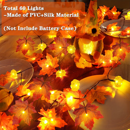 2-Pack Fall Pumpkin Garland Lights - 30ft 60LED Battery Operated String Lights with Realistic Maple Leaves for Thanksgiving & Halloween Decor