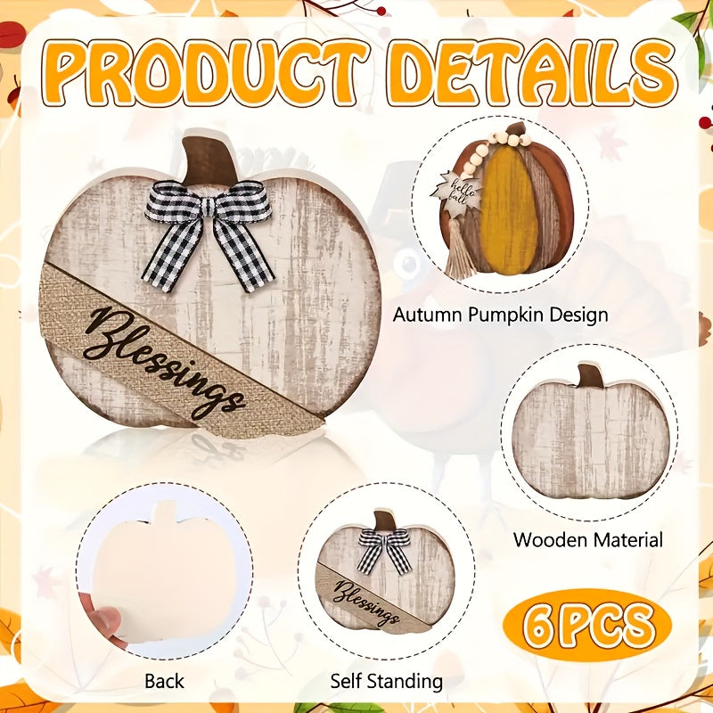 Set of 6 Wooden Fall Tiered Tray Decor - Rustic Pumpkin & Autumn Sign Set for Farmhouse Thanksgiving Tabletop Displays