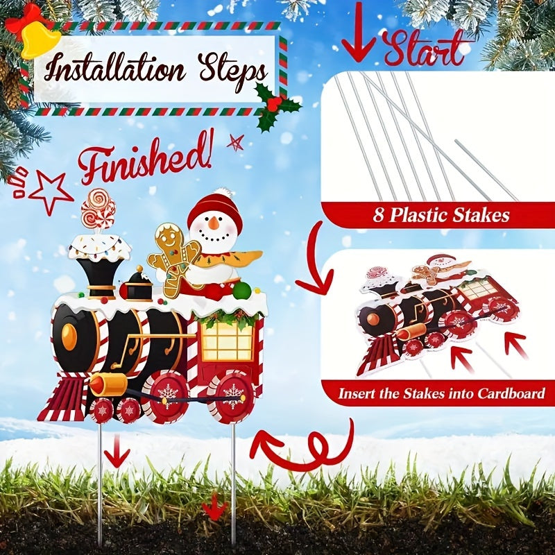 15.7" Christmas Train & Snowman Yard Sign Set - Easy Outdoor Lawn Decor