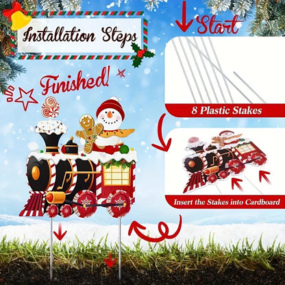15.7" Christmas Train & Snowman Yard Sign Set - Easy Outdoor Lawn Decor