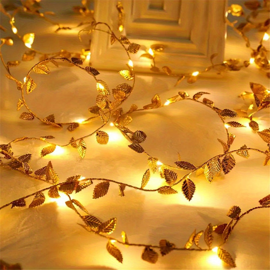 16ft 50LED Golden Artificial Plant Leaf Fairy Lights for Garden Decor