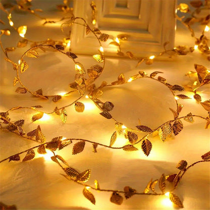 16ft 50LED Golden Artificial Plant Leaf Fairy Lights for Garden Decor