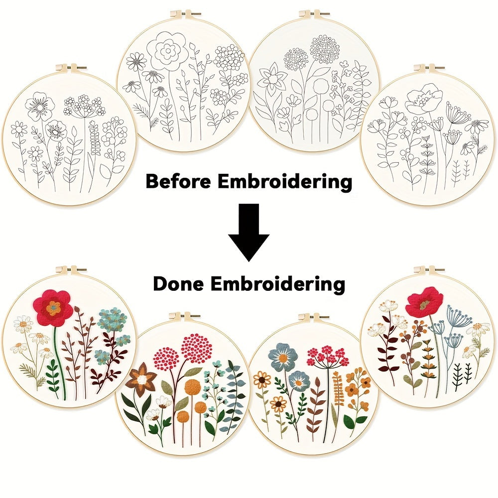 4pcs Set of Fluffy Flower and Grass Pattern Embroidery DIY, Theme Embroidery Cross Stitch Art Kit