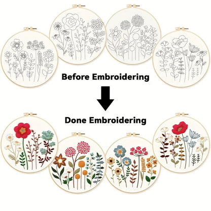 4pcs Set of Fluffy Flower and Grass Pattern Embroidery DIY, Theme Embroidery Cross Stitch Art Kit