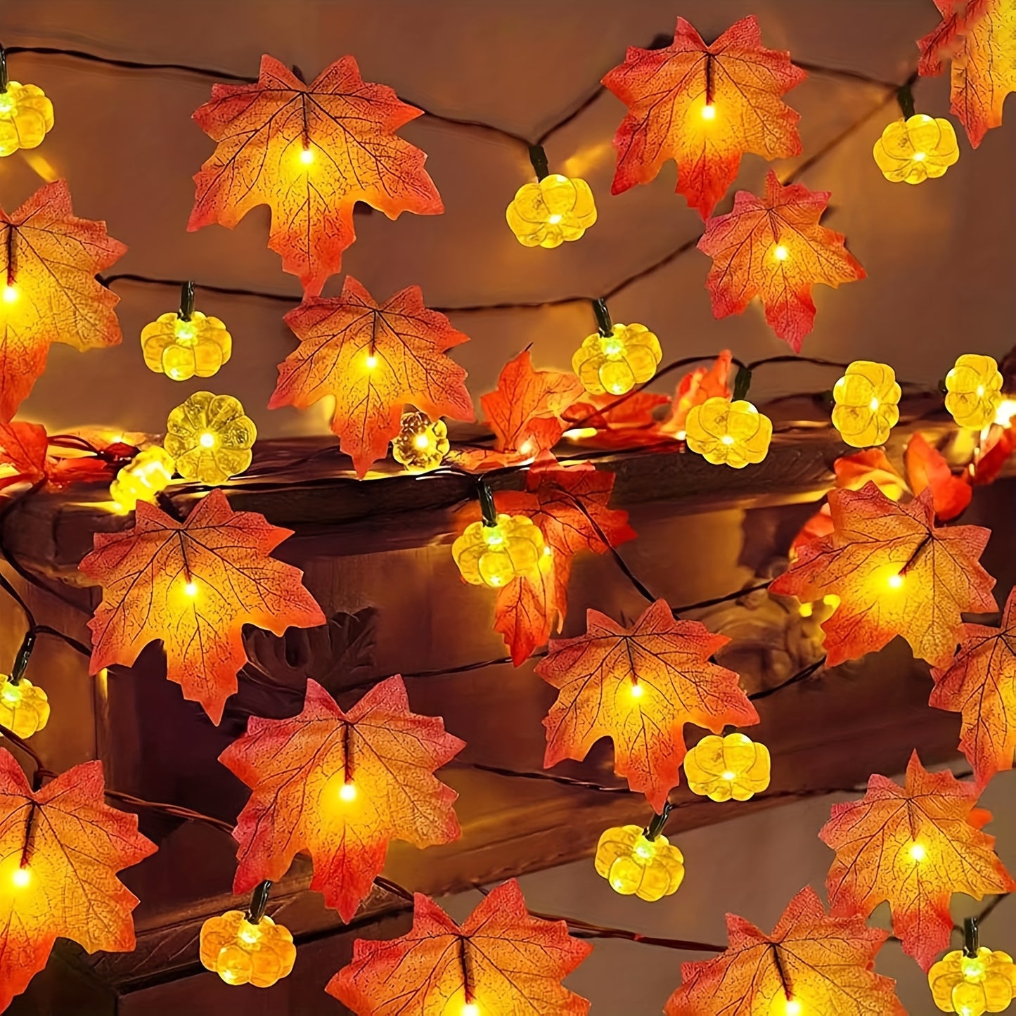 2-Pack Fall Pumpkin Garland Lights - 30ft 60LED Battery Operated String Lights with Realistic Maple Leaves for Thanksgiving & Halloween Decor